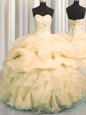 Pick Ups Visible Boning Sweetheart Sleeveless Lace Up Quinceanera Gowns Peach Organza