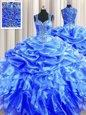 Zipper Up See Through Back Straps Sleeveless Quinceanera Dress Floor Length Beading and Ruffles and Pick Ups Blue Organza