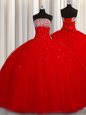 Nice Puffy Skirt Red Organza Lace Up Strapless Sleeveless Floor Length Quinceanera Dresses Beading and Sequins
