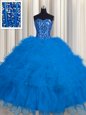 Visible Boning Blue Ball Gowns Beading and Ruffles and Sequins Sweet 16 Dress Lace Up Tulle Sleeveless Floor Length