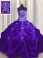 Purple Ball Gowns Taffeta Strapless Sleeveless Beading and Appliques and Embroidery Floor Length Lace Up Quinceanera Dresses