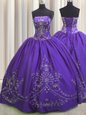 Flare Purple Ball Gowns Strapless Sleeveless Taffeta Floor Length Lace Up Beading and Embroidery Sweet 16 Dress