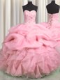 Visible Boning Sleeveless Organza Floor Length Lace Up Sweet 16 Dress in Rose Pink for with Beading and Ruffles and Pick Ups