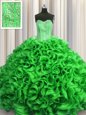 Visible Boning Green Organza Lace Up Sweetheart Sleeveless Floor Length Sweet 16 Dress Beading and Ruffles