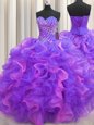 Cheap Ruffled Layers Purple Sleeveless Organza Lace Up Quinceanera Dresses for Military Ball and Sweet 16 and Quinceanera