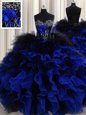 Organza and Tulle Sweetheart Sleeveless Lace Up Beading and Ruffles Sweet 16 Dresses in Blue And Black