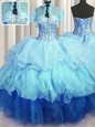 Fancy Visible Boning Bling-bling Sleeveless Floor Length Beading and Ruffled Layers Lace Up Sweet 16 Dress with Multi-color