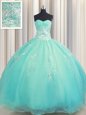 Zipper Up Aqua Blue Quince Ball Gowns Military Ball and Sweet 16 and For with Beading and Appliques Sweetheart Sleeveless Zipper