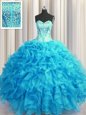 Unique Visible Boning Bling-bling Floor Length Ball Gowns Sleeveless Baby Blue Sweet 16 Dresses Lace Up