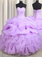 Discount Visible Boning Lilac Organza Lace Up Sweet 16 Quinceanera Dress Sleeveless Floor Length Beading and Ruffles and Pick Ups