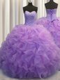 Attractive Sleeveless Organza Floor Length Lace Up Quinceanera Dress in Lavender for with Beading and Ruffles