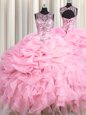 See Through Baby Pink Scoop Lace Up Beading and Ruffles and Pick Ups Quince Ball Gowns Sleeveless