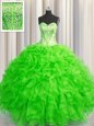 Visible Boning Bling-bling Peacock Green Lace Up Sweetheart Beading and Ruffles Quince Ball Gowns Organza Sleeveless Brush Train
