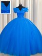 Comfortable Off The Shoulder Royal Blue Lace Up Quinceanera Dresses Ruching Short Sleeves With Train Court Train