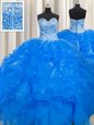 Colorful Visible Boning Beaded Bodice Blue Organza Lace Up Sweetheart Sleeveless Floor Length 15 Quinceanera Dress Beading and Ruffles