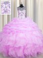 See Through Sleeveless Lace Up Floor Length Beading and Ruffles and Pick Ups 15th Birthday Dress