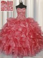 Visible Boning Sleeveless Floor Length Beading and Ruffles Lace Up Sweet 16 Dresses with Coral Red