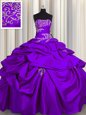 Floor Length Lace Up Sweet 16 Dress Purple and In for Military Ball and Sweet 16 and Quinceanera with Appliques and Pick Ups