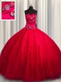 Super Red Ball Gowns Tulle and Sequined Sweetheart Sleeveless Beading and Appliques Floor Length Lace Up Quinceanera Dresses