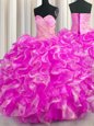 Admirable Sleeveless Organza Floor Length Lace Up Sweet 16 Dresses in Rose Pink for with Beading and Ruffles