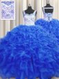 Royal Blue Lace Up Straps Beading 15 Quinceanera Dress Organza Sleeveless