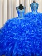 Luxurious Zipper Up See Through Back Sleeveless Organza With Train Sweep Train Zipper Sweet 16 Dresses in Royal Blue for with Beading and Ruffles