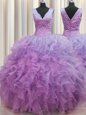 V Neck Zipper Up Lilac Organza Zipper 15th Birthday Dress Sleeveless Floor Length Ruffles