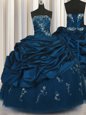Chic Sleeveless Floor Length Beading and Appliques and Embroidery and Pick Ups Lace Up Quinceanera Gowns with Teal