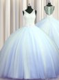 Lovely See Through Zipper Up Light Blue V-neck Zipper Beading and Appliques Sweet 16 Quinceanera Dress Brush Train Sleeveless