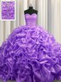 Lavender Lace Up 15th Birthday Dress Beading and Pick Ups Sleeveless With Train Court Train