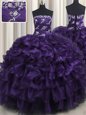 Unique Floor Length Purple Quinceanera Dress Organza Sleeveless Appliques and Ruffles and Ruffled Layers
