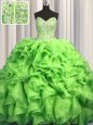 Visible Boning Brush Train Green Ball Gowns Beading and Ruffles Quince Ball Gowns Lace Up Organza Sleeveless With Train