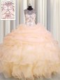 See Through Floor Length Peach Sweet 16 Dress Scoop Sleeveless Lace Up