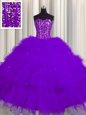 Modest Visible Boning Purple Lace Up Sweetheart Beading and Ruffles and Sequins Quinceanera Gown Tulle Sleeveless