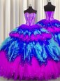 Bling-bling Visible Boning Multi-color Ball Gowns Tulle Sweetheart Sleeveless Beading and Ruffles and Ruffled Layers and Sequins Floor Length Lace Up Quince Ball Gowns