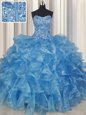 Fancy Visible Boning Baby Blue Quince Ball Gowns Military Ball and Sweet 16 and Quinceanera and For with Beading and Ruffles Strapless Sleeveless Lace Up
