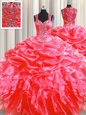 Pick Ups Zipper Up See Through Back Floor Length Coral Red Quinceanera Dress Organza Sweep Train Sleeveless Beading and Ruffles