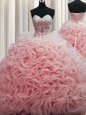 Brush Train Sleeveless Fabric With Rolling Flowers Floor Length Lace Up Quinceanera Gowns in Baby Pink for with Beading and Pick Ups