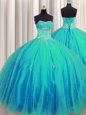 Big Puffy Aqua Blue Tulle Lace Up 15 Quinceanera Dress Sleeveless Floor Length Beading and Appliques