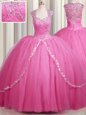 Artistic Zipper Up Sweetheart Cap Sleeves Sweet 16 Quinceanera Dress With Brush Train Beading and Appliques Rose Pink Tulle