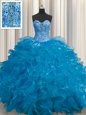 Adorable See Through Teal Sweetheart Lace Up Beading and Ruffles Vestidos de Quinceanera Sleeveless