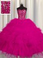 Spectacular Visible Boning Fuchsia Sleeveless Beading and Ruffles and Sequins Floor Length Quinceanera Gowns