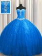 Adorable Sequined Blue Lace Up Quinceanera Gown Beading and Appliques Sleeveless With Train Court Train