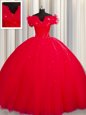 Nice Red Vestidos de Quinceanera Military Ball and Sweet 16 and Quinceanera and For with Ruching Off The Shoulder Short Sleeves Court Train Lace Up