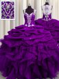 Spectacular See Through Back Purple Organza Zipper Straps Sleeveless Floor Length Sweet 16 Dress Beading and Ruffles and Sequins and Pick Ups