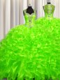 Sexy Pick Ups Zipper Up See Through Back Organza Zipper Ball Gown Prom Dress Sleeveless With Brush Train Beading