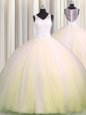 Zipple Up V Neck Light Yellow Sleeveless Tulle Brush Train Zipper Ball Gown Prom Dress for Military Ball and Sweet 16 and Quinceanera