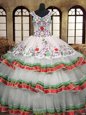 V-neck Sleeveless Organza Quinceanera Dresses Embroidery and Ruffled Layers Lace Up
