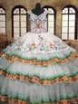 High Quality Sleeveless Lace Up Floor Length Embroidery and Ruffled Layers Ball Gown Prom Dress