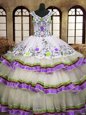 Organza Sleeveless Floor Length Quinceanera Dress and Embroidery and Ruffled Layers